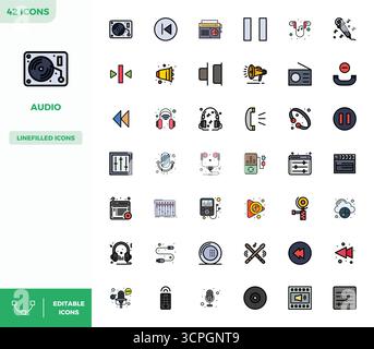 Comprehensive toolkit of 42 vector icons themed around Audio, developed in Flat Lineal Color with 128x128 PIXEL perfect precision for versatile design Stock Vector
