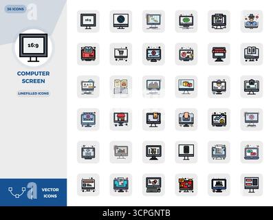 Download 36 scalable LineFilled vector icons designed for Computer Screen, featuring PIXEL perfect 128x128 resolution suitable for professional and cr Stock Vector