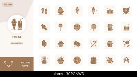 Revolutionary set of 24 PIXEL perfect vector icons inspired by Treat, created in Filled format at 128x128 resolution for cutting-edge design. Stock Vector