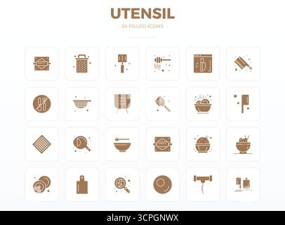 Complete package of 24 vector icons themed around Utensil, showcasing SolidFill design in 128x128 PIXEL perfect quality for modern interfaces. Stock Vector