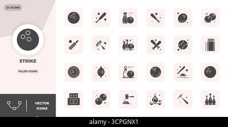 Refined bundle featuring 24 Filled vector icons for Strike, optimized with 128x128 PIXEL perfect quality for elegant and functional design solutions. Stock Vector