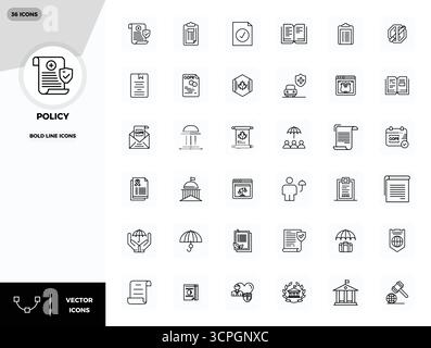Revolutionary set of 36 PIXEL perfect vector icons inspired by Policy, created in Bold Line format at 128x128 resolution for cutting-edge design. Stock Vector