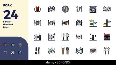 Discover a set of 24 Duotone vector icons crafted for the Fork theme, featuring 128x128 PIXEL perfect designs ideal for modern UI/UX projects. Stock Vector