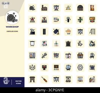 Download 42 scalable LineFilled vector icons designed for Workshop, featuring PIXEL perfect 128x128 resolution suitable for professional and creative Stock Vector