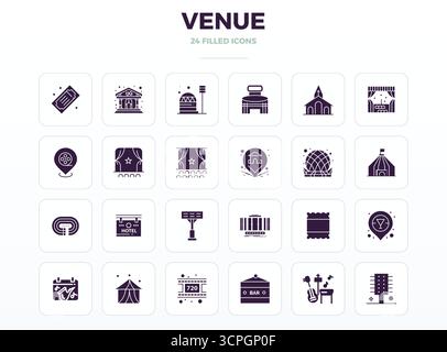 Professional-grade collection of 24 SolidFill vector icons representing Venue, crafted with 128x128 PIXEL perfect precision for enterprise application Stock Vector