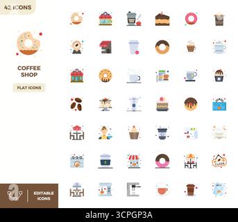 Comprehensive bundle featuring 42 vector icons in Flat Color design for Coffee Shop, delivered in crisp 128x128 PIXEL perfect quality. Stock Vector