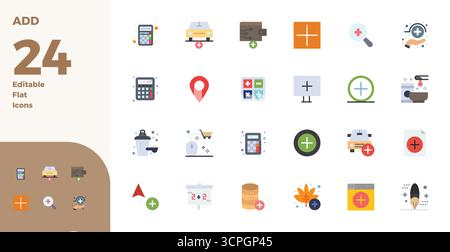 Precision-engineered 24 Flat vector icons for Add, designed at 128x128 PIXEL perfect resolution for exceptional clarity and scalability. Stock Vector