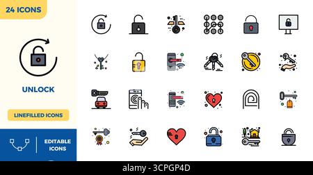 A clean collection of 24 Flat Lineal Color vector icons representing Unlock, designed in 128x128 PIXEL perfect format for modern dashboards and interf Stock Vector