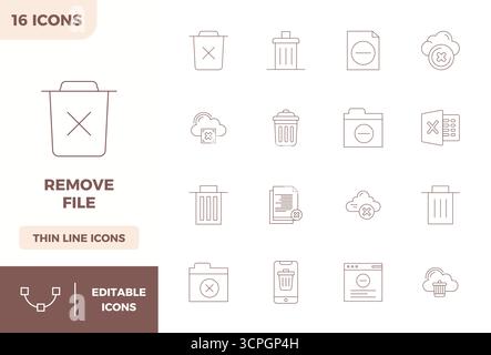 Exceptional collection of 16 Minimal Line vector icons for Remove File, delivered in 128x128 PIXEL perfect resolution for unparalleled visual excellen Stock Vector