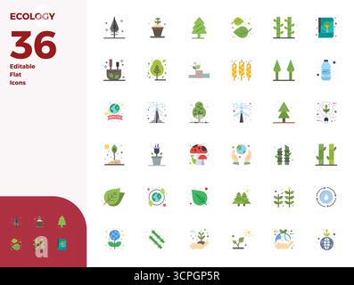 Masterfully created 36 vector icons representing Ecology in Flat design, featuring 128x128 PIXEL perfect resolution for exceptional visual quality. Stock Vector