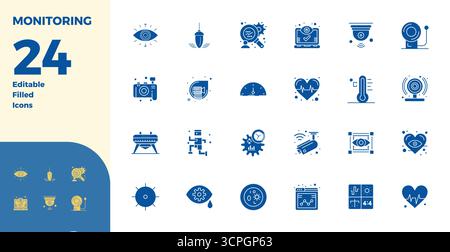 Thoughtfully designed 24 vector icons themed around Monitoring, crafted in Glyph Filled with 128x128 PIXEL perfect precision for contemporary design n Stock Vector