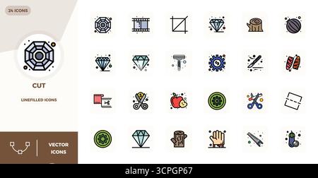 Vector pack with 24 LineFilled PIXEL perfect icons inspired by Cut, delivered in 128x128 resolution ideal for scalable and creative design work. Stock Vector
