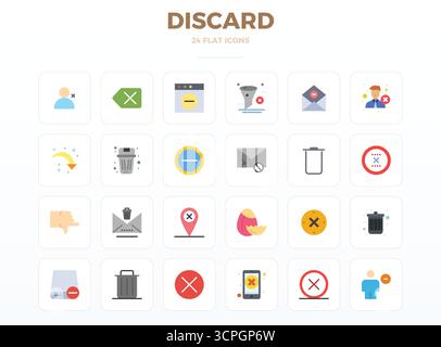 Streamlined set of 24 vector icons for Discard in Minimal Flat aesthetic, featuring 128x128 PIXEL perfect resolution for seamless user experiences. Stock Vector
