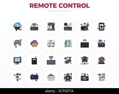 This Remote Control vector icon pack includes 24 LineFill designs in 128x128 PIXEL perfect format, perfect for enhancing digital interfaces. Stock Vector