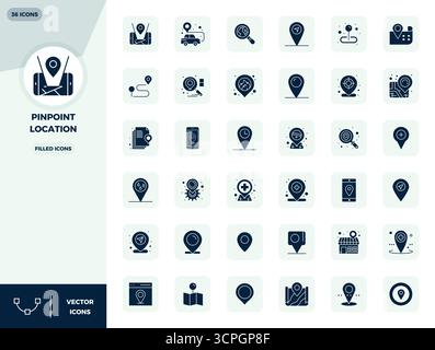 Handcrafted collection featuring 36 Filled vector icons for Pinpoint Location, optimized in 128x128 PIXEL perfect resolution for premium digital exper Stock Vector