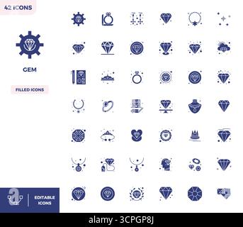 Strategic bundle featuring 42 vector icons representing Gem in Filled format, optimized with 128x128 PIXEL perfect quality for professional workflows. Stock Vector