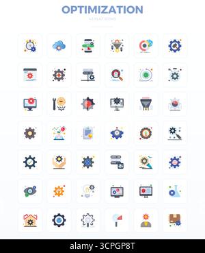 A versatile set of 42 Minimal Flat PIXEL perfect vector icons focused on Optimization, delivered in crisp 128x128 format ideal for mobile and web appl Stock Vector