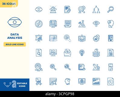Thoughtfully designed 36 vector icons themed around Data Analysis, crafted in Heavy Line with 128x128 PIXEL perfect precision for contemporary design Stock Vector