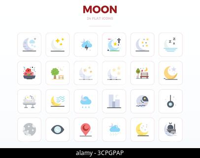 Professionally designed 24 vector icons in Minimal Flat, capturing the essence of Moon with 128x128 PIXEL perfect precision for UI design. Stock Vector