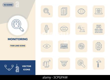 Transform your designs with 16 Thin Line vector icons themed around Monitoring, engineered in 128x128 PIXEL perfect resolution for maximum clarity. Stock Vector