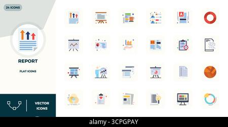 Set of 24 Flat PIXEL perfect vector icons themed around Report, crafted in 128x128 resolution for seamless integration in apps and websites. Stock Vector