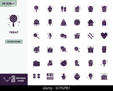 Future-ready pack of 36 vector icons themed around Treat, showcasing Filled design with 128x128 PIXEL perfect clarity for innovative user interfaces. Stock Vector
