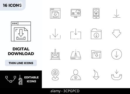 Intelligently designed 16 PIXEL perfect vector icons inspired by Digital Download, created in Minimal Line format at 128x128 for smart and efficient d Stock Vector