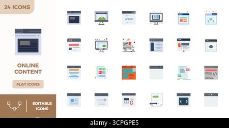 Refined bundle featuring 24 Flat Color vector icons for Online Content, optimized with 128x128 PIXEL perfect quality for elegant and functional design Stock Vector
