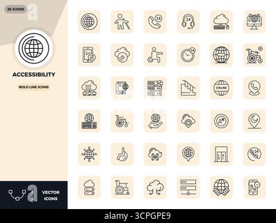 Explore 36 Bold Line PIXEL perfect vector icons in 128x128 resolution inspired by Accessibility. Perfect for web and app interfaces. Stock Vector