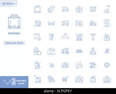 Curated pack of 36 128x128 vector icons in Heavy Line design, centered around Moving concepts with PIXEL perfect clarity. Stock Vector