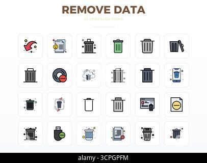 Streamlined set of 24 vector icons for Remove Data in LineFill aesthetic, featuring 128x128 PIXEL perfect resolution for seamless user experiences. Stock Vector
