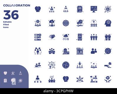 Carefully curated 36 Glyph Filled vector icons for Collaboration, featuring 128x128 PIXEL perfect resolution for consistent brand representation and u Stock Vector