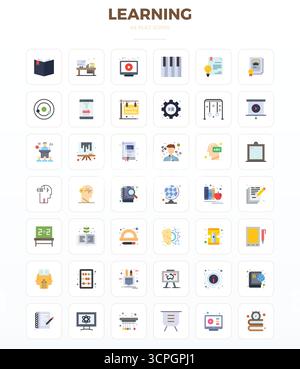 Comprehensive bundle featuring 42 vector icons in Minimal Flat design for Learning, delivered in crisp 128x128 PIXEL perfect quality. Stock Vector
