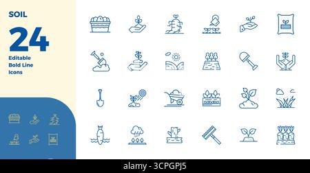 Handcrafted collection featuring 24 Bold Line vector icons for Soil, optimized in 128x128 PIXEL perfect resolution for premium digital experiences. Stock Vector