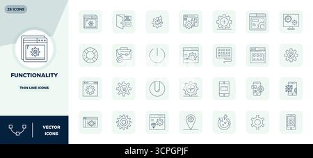 This set of 28 Thin Line vector icons captures Functionality themes in 128x128 PIXEL perfect quality, perfect for tech and business applications. Stock Vector
