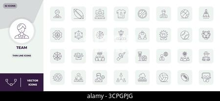 Essential pack of 32 PIXEL perfect vector icons for Team in Thin Line format, sized at 128x128 for optimal performance and scalability. Stock Vector