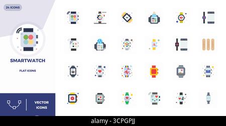 Vector pack with 24 Flat PIXEL perfect icons inspired by Smartwatch, delivered in 128x128 resolution ideal for scalable and creative design work. Stock Vector