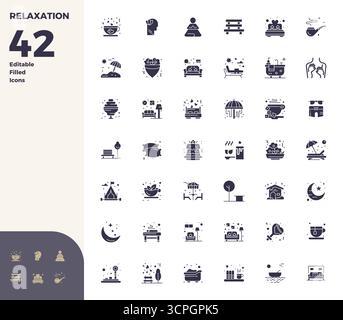 Strategic bundle featuring 42 vector icons representing Relaxation in Glyph Filled format, optimized with 128x128 PIXEL perfect quality for profession Stock Vector