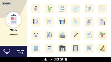 This collection features 24 Flat PIXEL perfect vector icons tailored to the Memo theme, optimized in 128x128 format for digital design. Stock Vector