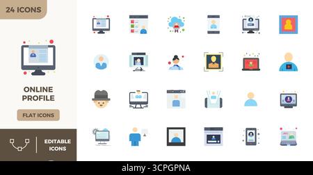 Contemporary collection of 24 vector icons representing Online Profile in Flat Color aesthetic, featuring 128x128 PIXEL perfect resolution for modern Stock Vector