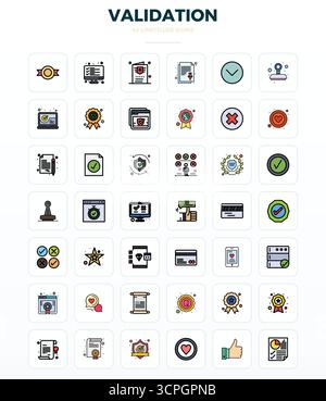 Professionally designed 42 vector icons in LineFill, capturing the essence of Validation with 128x128 PIXEL perfect precision for UI design. Stock Vector