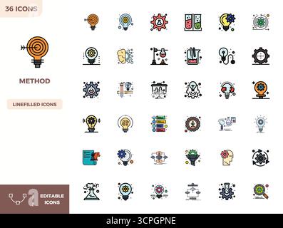 Precision-engineered 36 Flat Lineal Color vector icons for Method, designed at 128x128 PIXEL perfect resolution for exceptional clarity and scalabilit Stock Vector