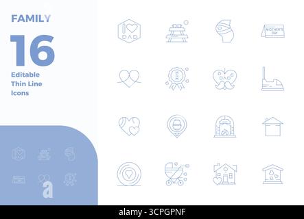 This Family vector icon pack includes 16 Thin Line designs in 128x128 PIXEL perfect format, perfect for enhancing digital interfaces. Stock Vector