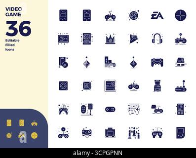 Masterfully created 36 vector icons representing Video Game in Glyph Filled design, featuring 128x128 PIXEL perfect resolution for exceptional visual Stock Vector