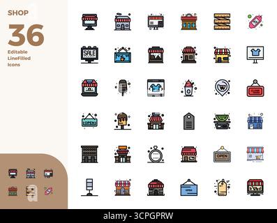 Precision-engineered 36 Duotone vector icons for Shop, designed at 128x128 PIXEL perfect resolution for exceptional clarity and scalability. Stock Vector