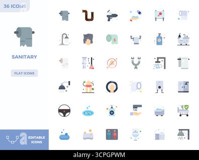 Curated pack of 36 128x128 vector icons in Flat Color design, centered around Sanitary concepts with PIXEL perfect clarity. Stock Vector