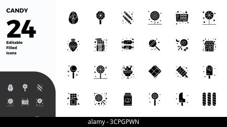 Download 24 scalable Glyph Filled vector icons designed for Candy, featuring PIXEL perfect 128x128 resolution suitable for professional and creative p Stock Vector