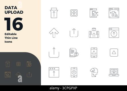Professional-grade collection of 16 Thin Line vector icons representing Data Upload, crafted with 128x128 PIXEL perfect precision for enterprise appli Stock Vector
