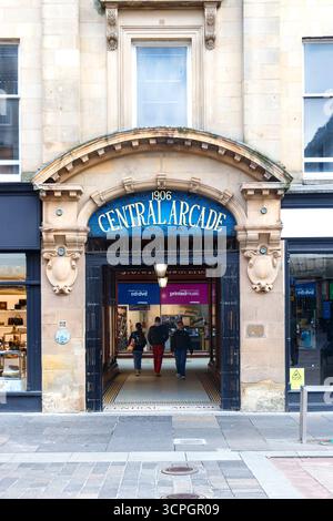 Entrance of Central Arcade, a historic shopping venue with architectural features, showing people entering the arcade newcastle upon tyne Stock Photo
