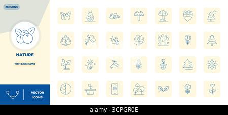 Discover a set of 28 Thin Line vector icons crafted for the Nature Icon theme, featuring 128x128 PIXEL perfect designs ideal for modern UI/UX projects Stock Vector